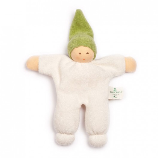 Muñeco Nucki de algodón orgánico verde con cascabel - LIQUIDACIÓN