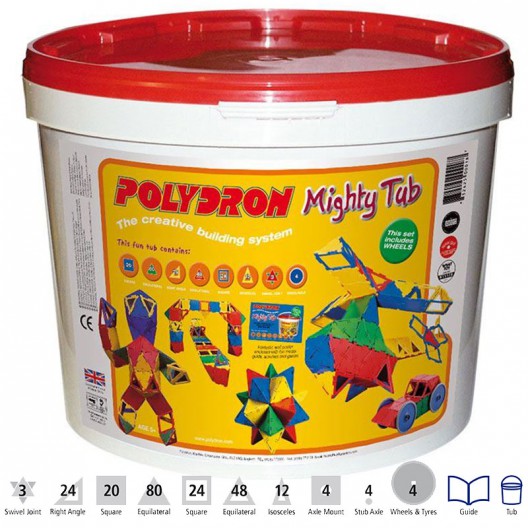 Cub de plàstic blanc amb tapa vermella i etiqueta groga, que conté 223 peces geomètriques Polydron per a l'aula.