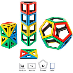 Peces de Magnetic Polydron en colors vius formant una esfera i una torre amb marcs geomètrics de plàstic imantat.