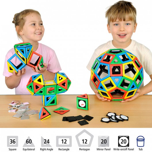 Niños crean figuras geométricas 3D con el set Magnetic Polydron de 48 piezas imantadas en colores verdes, amarillos y azules.