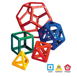 Marcs plàstics Polydron de colors vermell, blau, verd i groc formant sòlids platònics buits per a la construcció.
