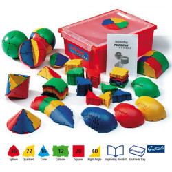 Set de 196 peces geomètriques corbes i acolorides de plàstic Polydron Sphera juntament amb una caixa d'emmagatzematge vermella.