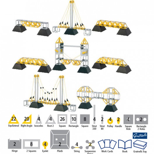 Kit Polydron Bridges de 134 peces plàstiques grogues i negres per muntar variades estructures i models de ponts escolars.