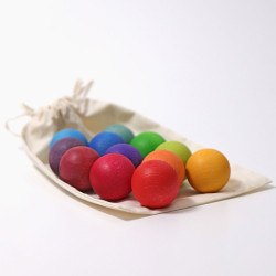 12 Bolas de madera macizas de colores arco iris en bolsa de algodón