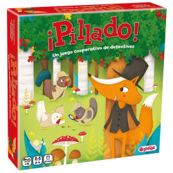 Caixa quadrada de Pillado amb una guineu amb barret de copa en un bosc verd. Joc cooperatiu de detectius en envàs de cartró.