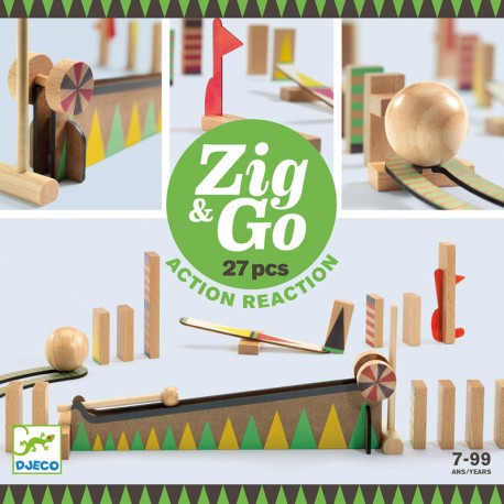 Zig & Go - Juego de madera de construcción y reacción en cadena 27 piezas