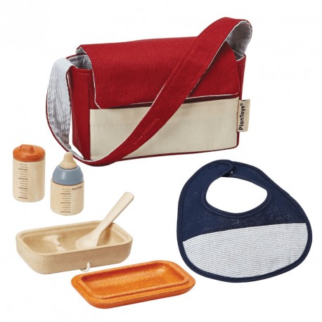 Bolso con set de alimentación muñecos - juguete de tela y madera