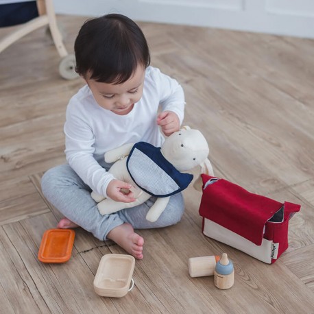 Bolso con set de alimentación muñecos - juguete de tela y madera