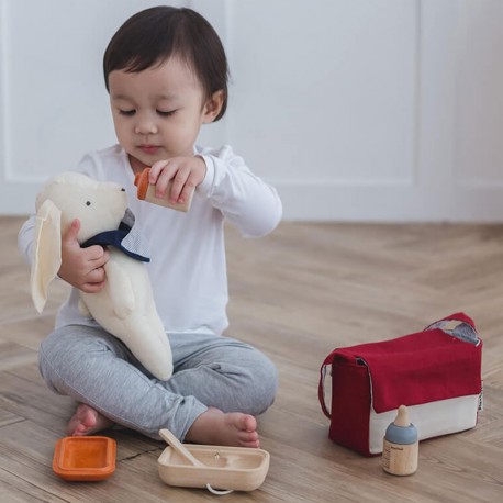 Bolso con set de alimentación muñecos - juguete de tela y madera