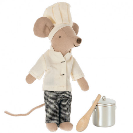 Ratón Chef con vestido de cocinero, olla y cucharón