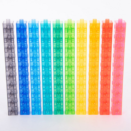 100 Cubos TRANSLÚCIDOS encajables matemáticos multilink 2x2cm en 10 colores