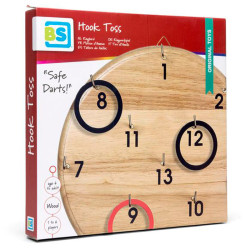 Tauler circular de fusta amb ganxos numerats i anelles negres i vermelles, dins de la seva caixa de cartró decorada.