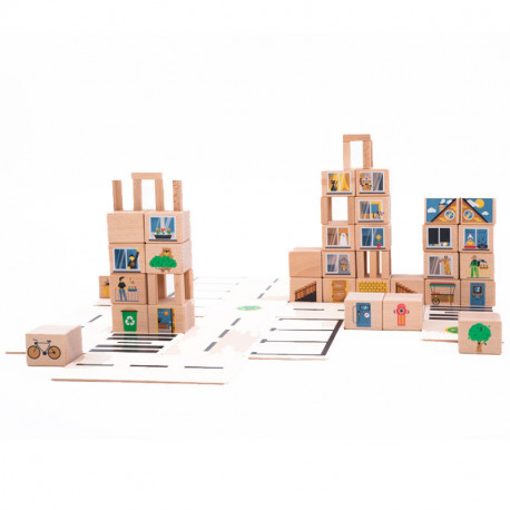 City Small - 68 bloques de madera natural decorados Just Blocks