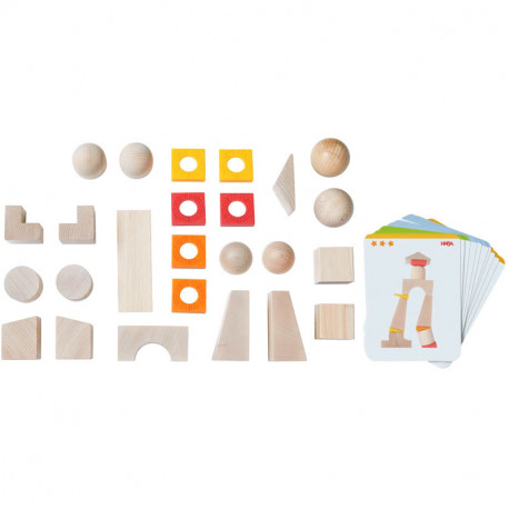 Torres Inclinadas y Bolas - Juego de composición de madera 3D con plantillas - 35 piezas