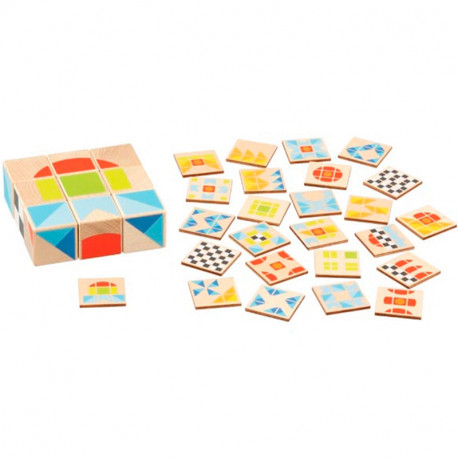 Juego de puzle de madera con formas geométricas y colores