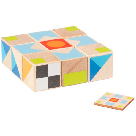Juego de puzle de madera con formas geométricas y colores