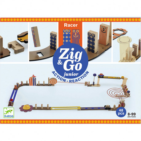 Zig & Go JUNIOR Racer - Juego de madera de construcción y reacción en cadena 51 piezas
