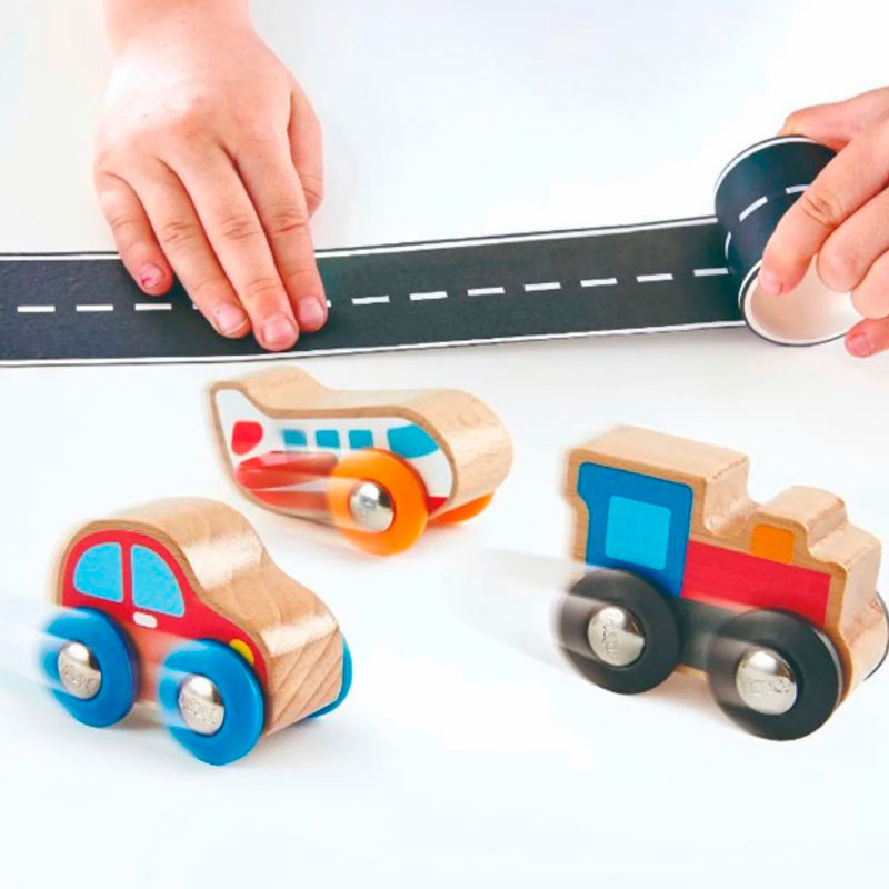 Tape & Roll Car - Coche de madera y carretera adhesiva