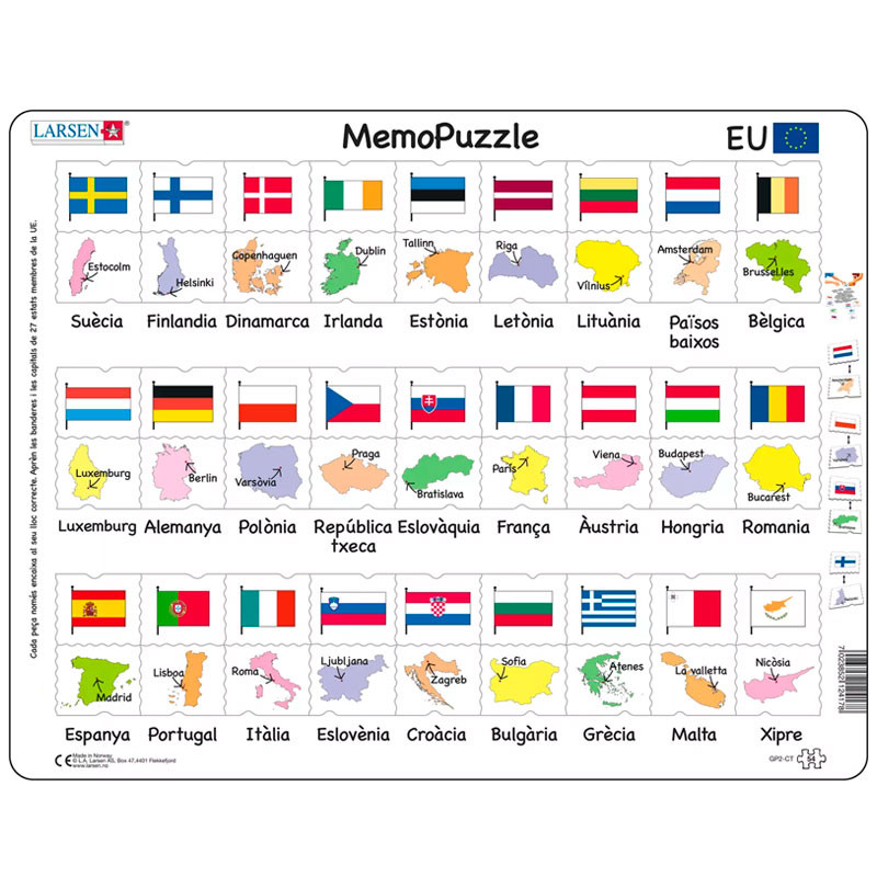 Puzle Educativo Larsen 54 piezas - Memo Puzzle Banderas de Europa (catalán)