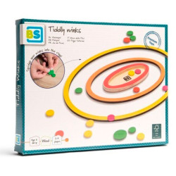 Joc de Puces Saltirones en caixa turquesa amb fitxes plàstiques de colors i dianes ovalades per practicar la punteria.