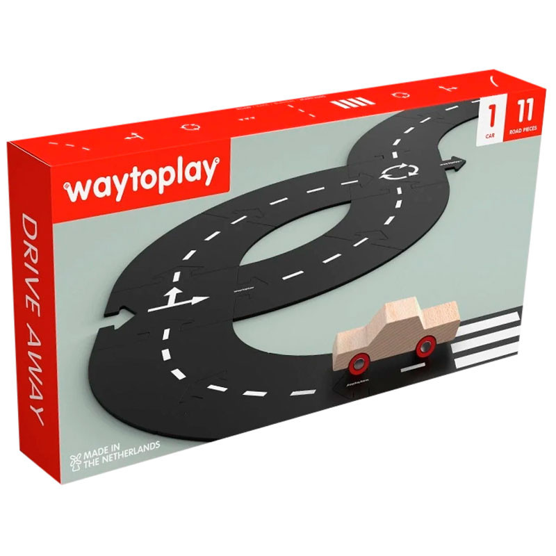 Drive Away CAR Edition - Carretera Flexible de caucho waytoplay 11 piezas + 1 coche de madera