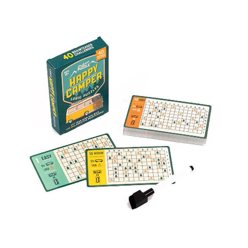 Happy Camper Logic Puzzles - tarjetas con retos reutilizables para 1 jugador