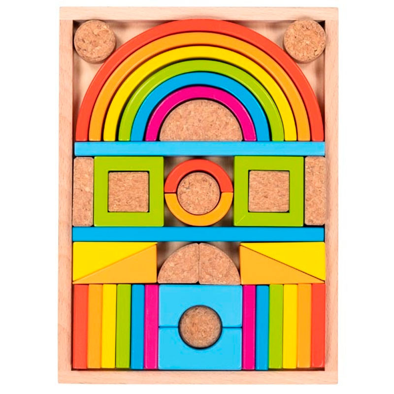 Juego de construcción de madera y corcho arco iris