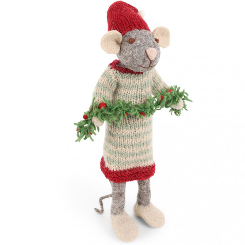 Ratolí Gran de Feltre Gris amb Girnalda - Decoració De Nadal Gry&Sif