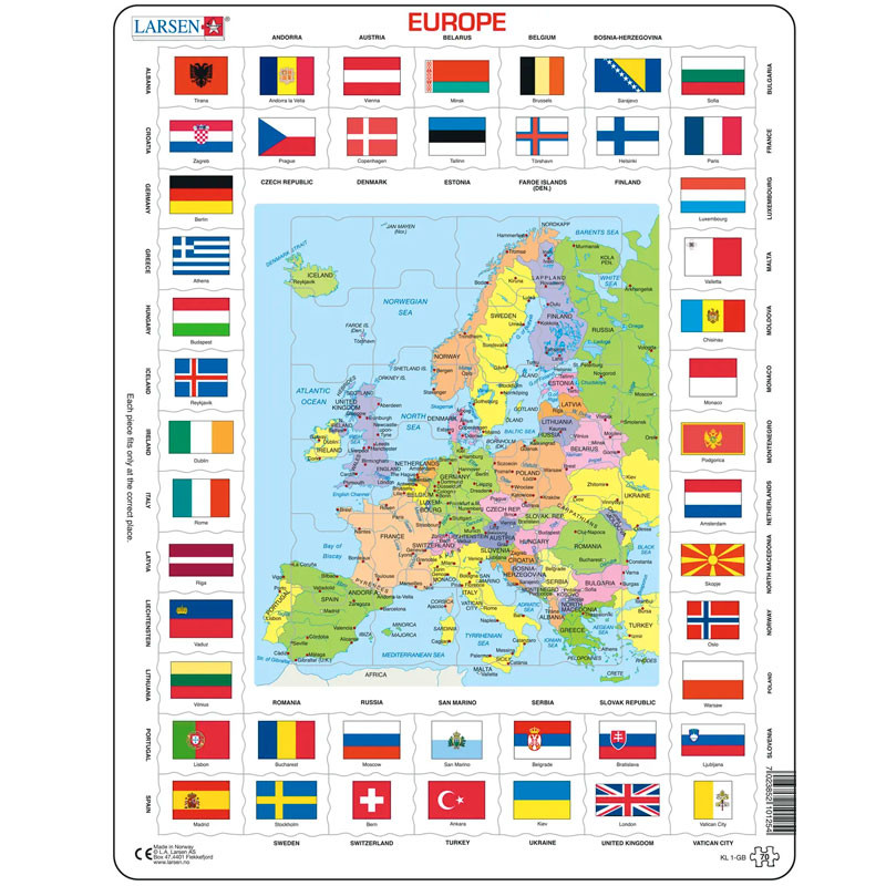 Puzle Educatiu Larsen 70 peces - Mapa i Banderes d'Europa en anglès