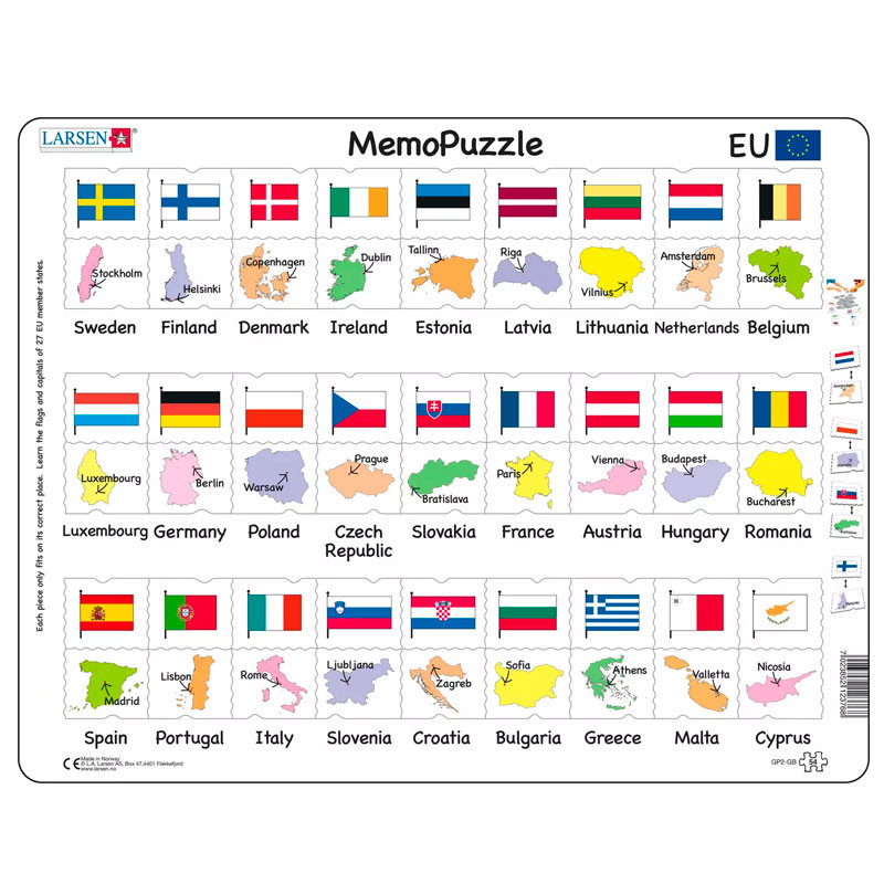 Puzle Educativo Larsen 54 piezas - Memo Puzzle Banderas de Europa (inglés)