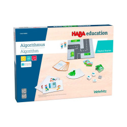 Juego Digital Starter Algorithmus de HABA Education con tablero, tarjetas e instrucciones