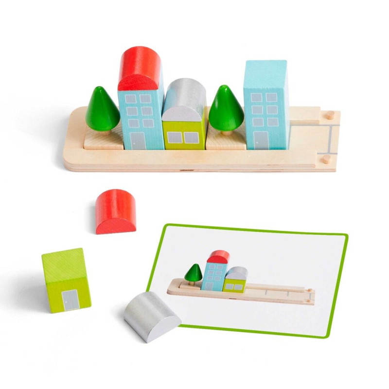 Sèrie Lògica de HABA amb peces de fusta i plantilles visuals