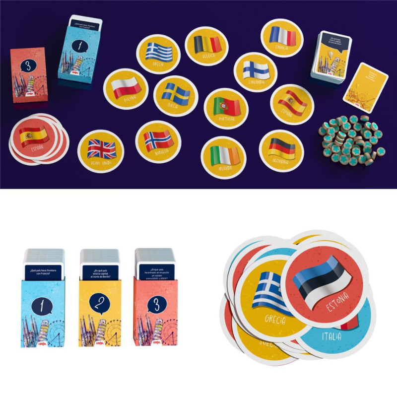 Joc Quiz Challenge Europa amb cartes, fitxes i targetes de països