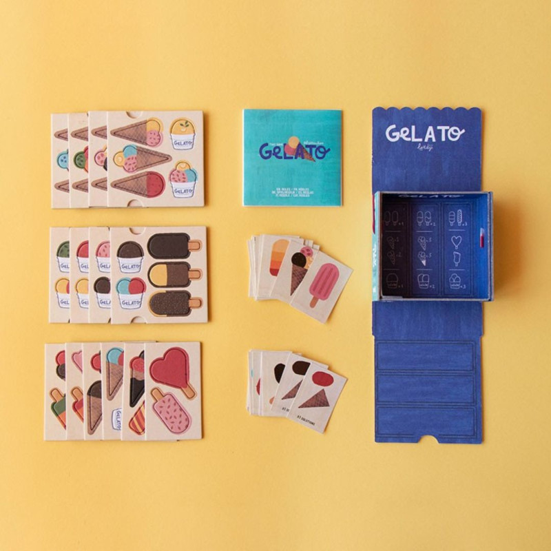 Juego Gelato Tiny Game de Londji con piezas de helados y caja pequeña