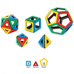 Sòlids platònics de colors vius construïts amb peces magnètiques triangulars, quadrades i pentagonals buides.