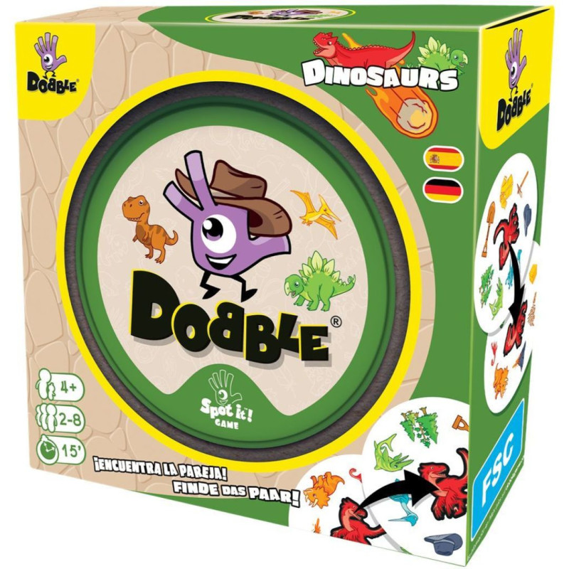 Caixa metàl·lica de Dobble Dinosaures amb símbol de dino