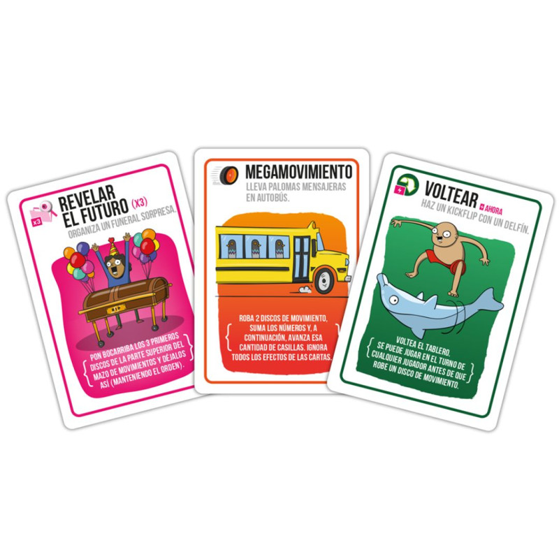 Contenido Exploding Kittens: tablero, cartas, discos de movimiento y personajes