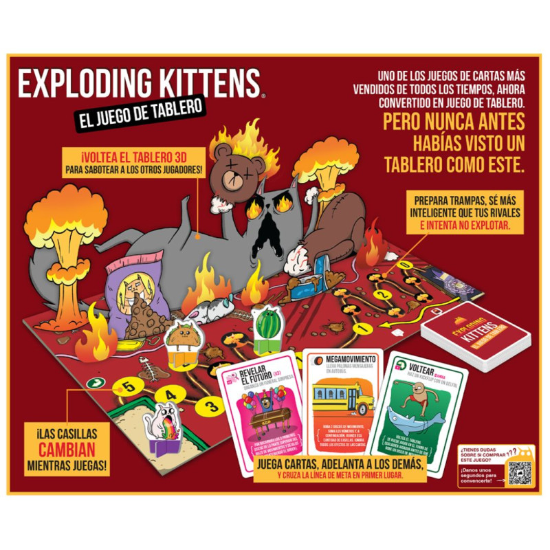 Exploding Kittens tablero 3D volteado y cartas de acción