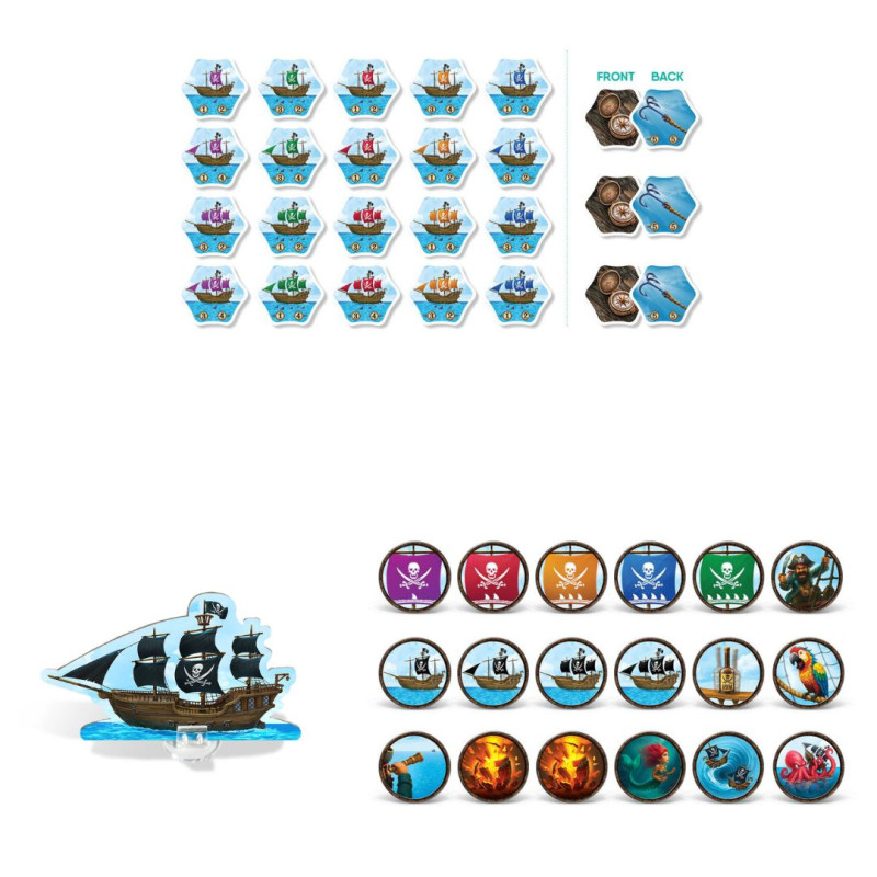 Components Arrr-Mada: vaixells, barrils, taulell, fitxa brúixola i ampolla de rom