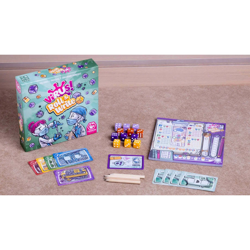 Virus! Roll & Write hoja de juego, dados y cartas