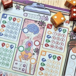 Virus! Roll & Write hoja de juego, dados y cartas