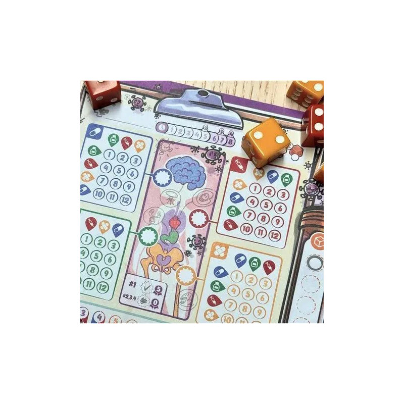 Virus! Roll & Write hoja de juego, dados y cartas