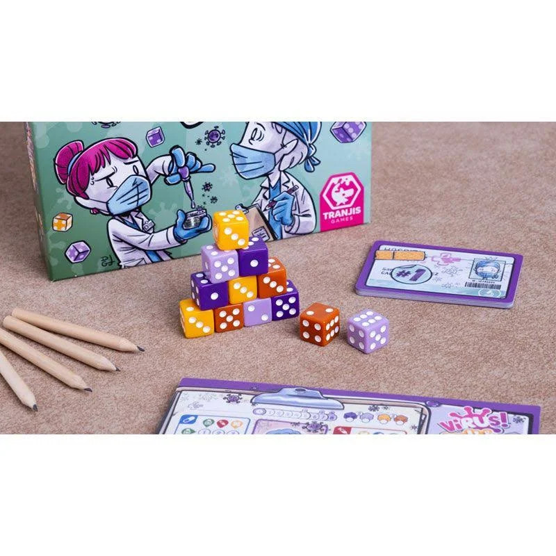Virus! Roll & Write hoja de juego, dados y cartas