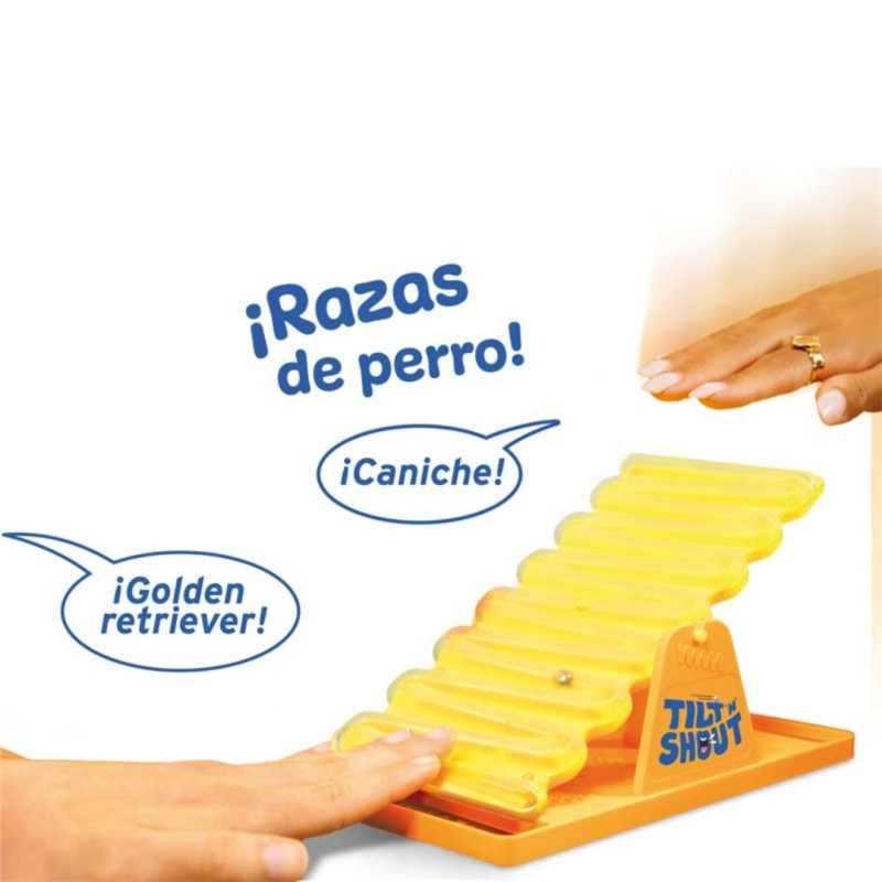 TILT'n'SHOUT caja y componentes: cartas, balancín y bola metálica