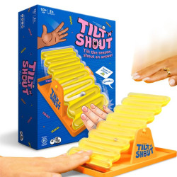 TILT'n'SHOUT caja y componentes: cartas, balancín y bola metálica