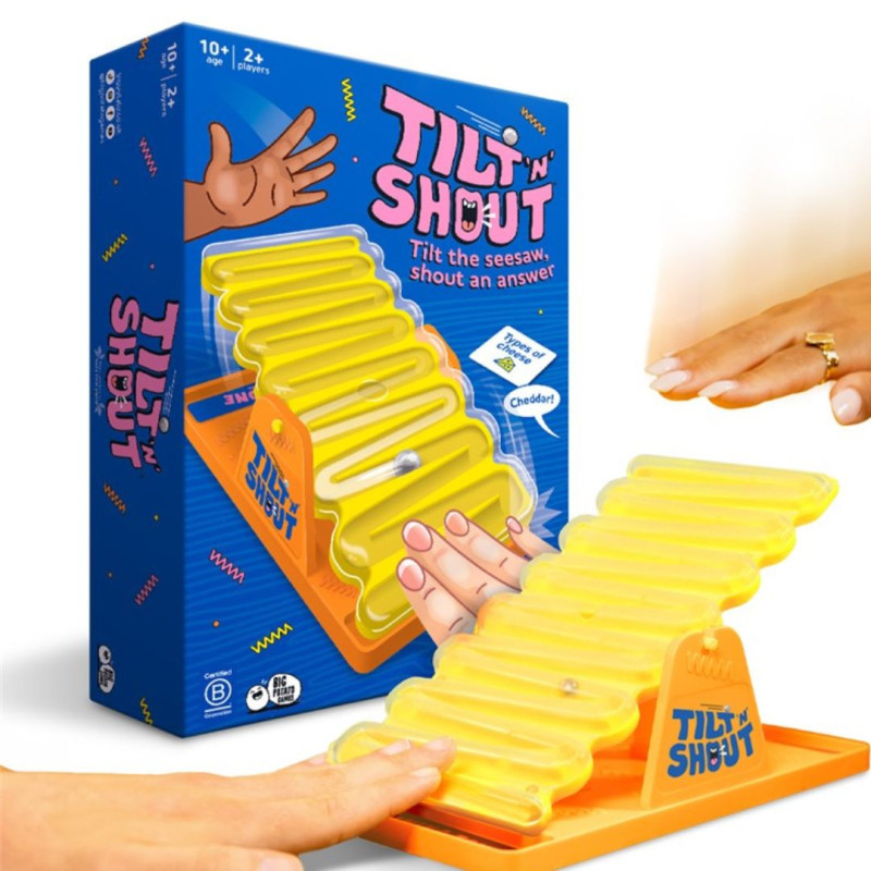 TILT'n'SHOUT caja y componentes: cartas, balancín y bola metálica