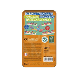 Dominó triangular de madera con piezas blancas y puntos negros, presentado en una caja metálica rectangular naranja.