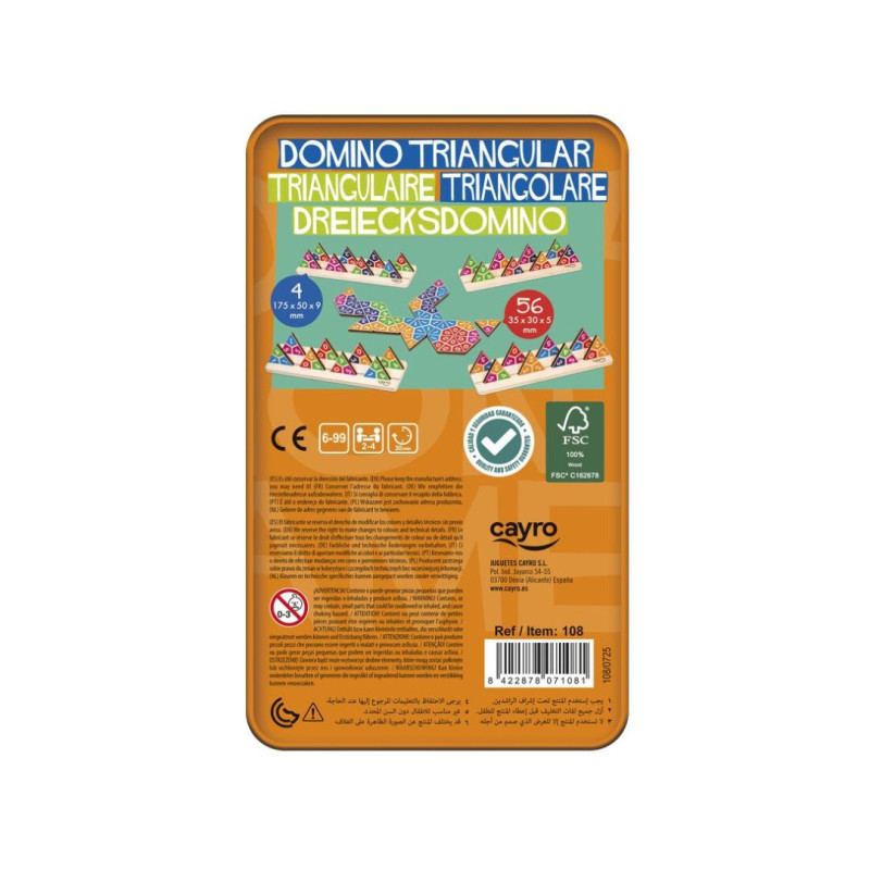Dòmino triangular de fusta amb peces blanques i punts negres, presentat en una caixa metàl·lica rectangular taronja.