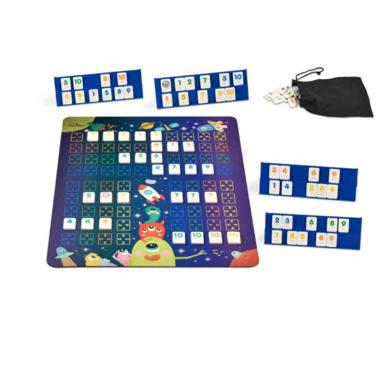 Mi Primer Rummi incluye un tablero ilustrado, fichas con números, soportes azules y una bolsa negra en caja de metal.