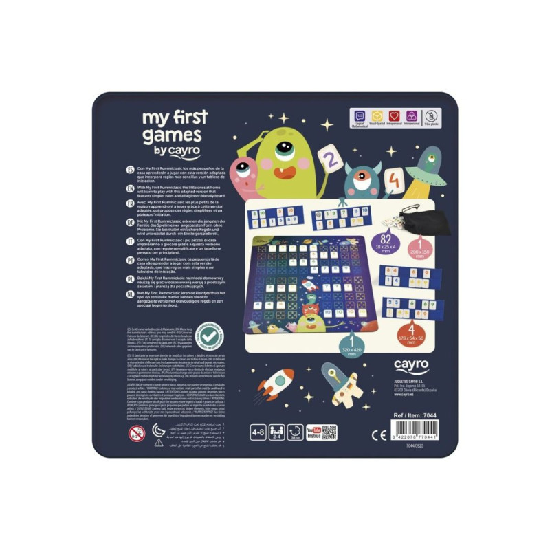 Caja metálica cuadrada azul oscuro de Mi Primer Rummi con divertidos monstruos, fichas numeradas y tablero de juego.